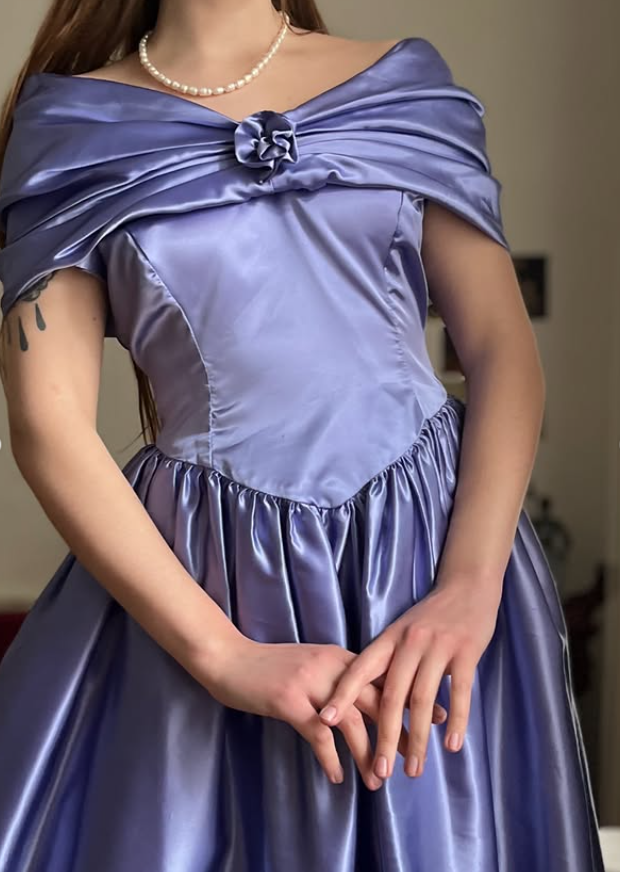 Vintage Purple A Line Off the Shoulder Satin Prom Dress Evening Dress Date Dress SH5637