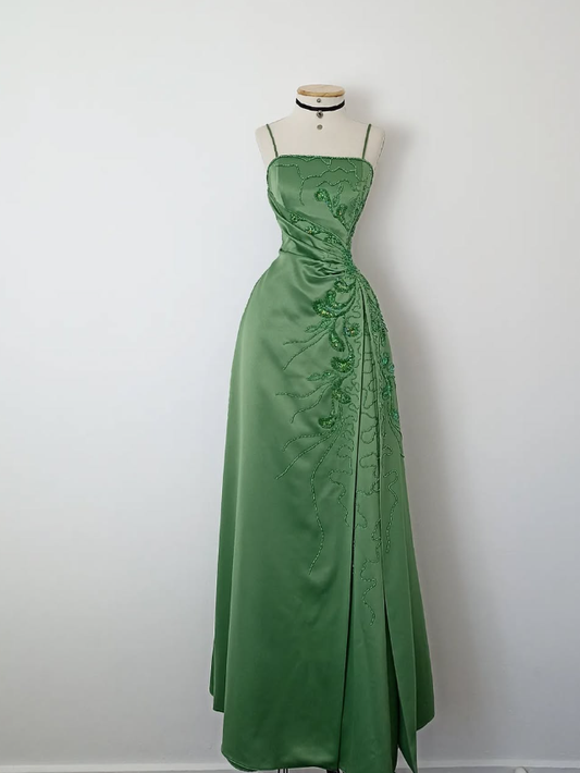 Retro A Line Spaghetti Strap Green Beaded Satin Long Evening Dress Party Dress SH3168