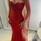 Sexy Red Sheath Strapless Beaded Tulle Prom Dress SH4567