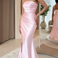 Romantic Mermaid Strapless Satin Slit Prom Dress Party Evening Dress SH5710