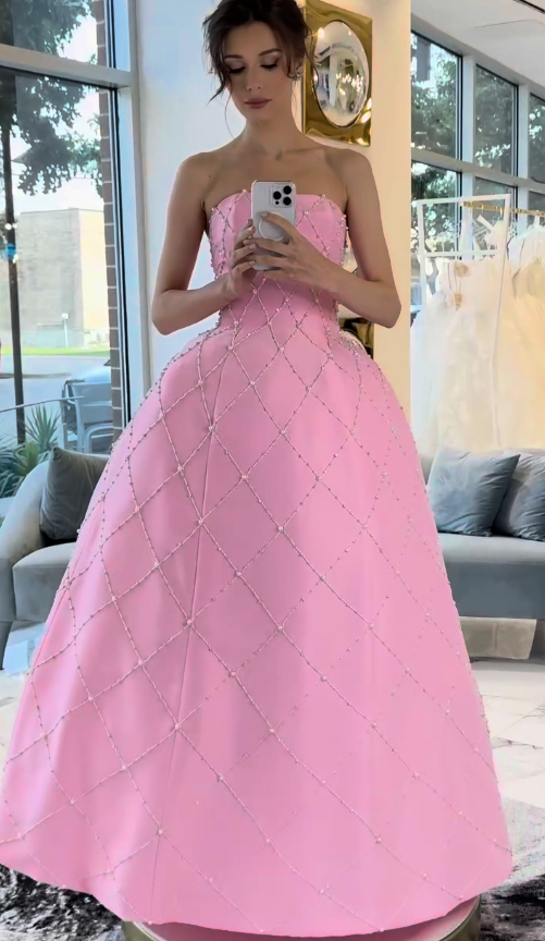 Pink A Line Strapless Shiny Beaded Satin Prom Dress Evening Dress SH6406