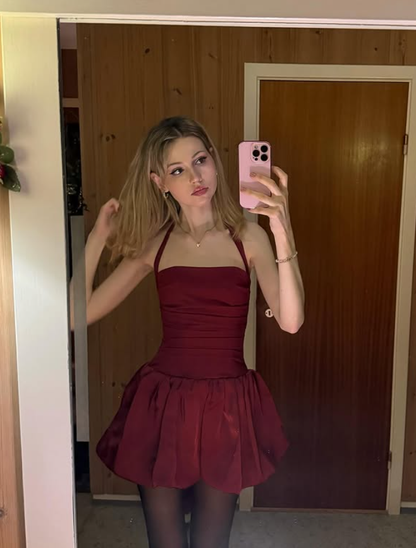 Cute A Line Halter Satin Backless Short Prom Dress Homecoming Dress SH6521