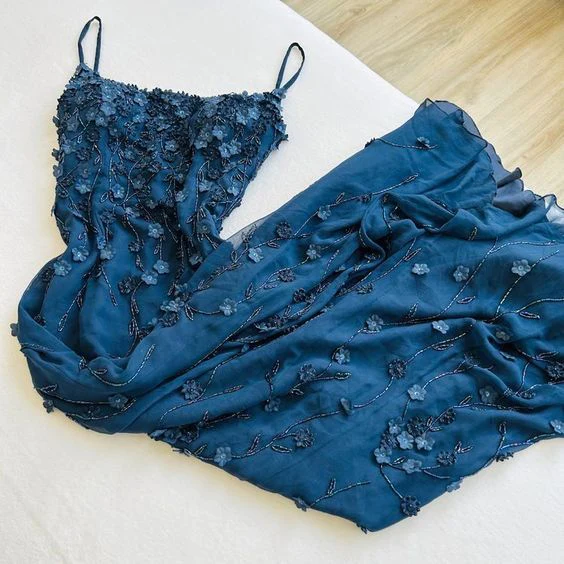 Vintage Navy Blue Spaghetti Straps Prom Dress Sexy Mermaid Evening Dress SH1208