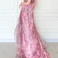 Pink Print Floral A Line Straps Chiffon Long Prom Dress Evening Dress SH5841
