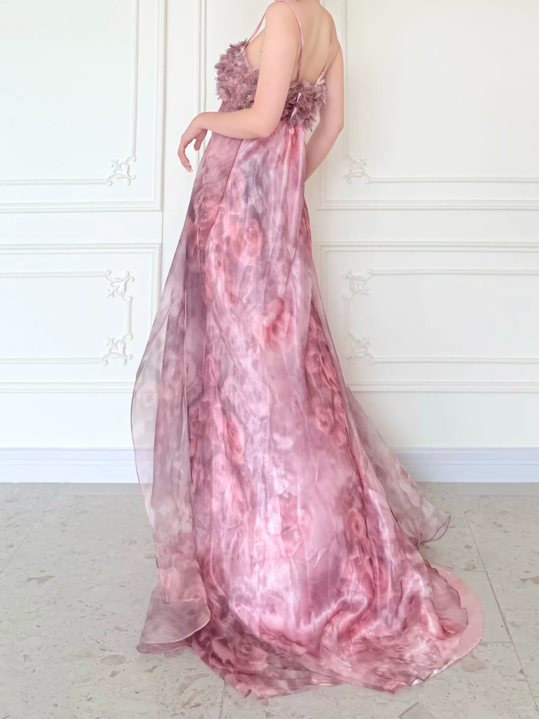 Pink Print Floral A Line Straps Chiffon Long Prom Dress Evening Dress SH5841