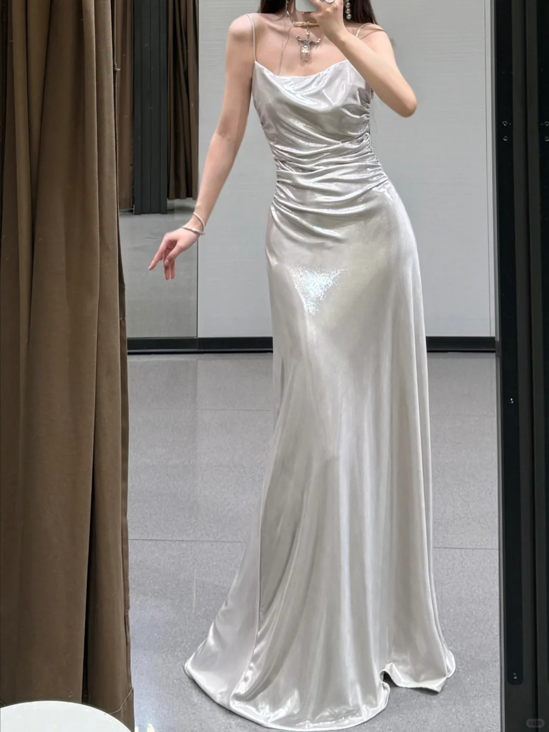 Open Back Silver A Line Spaghetti Straps Simple Satin Long Prom Dress Party Dress SH5020