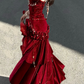 Burgundy Exquisite Mermaid Spaghetti Strap Beaded Velvet Long Party Dress Cocktail Dress(No accessories) SH3593