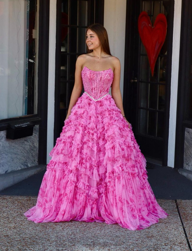 Pink Ball Gown Strapless Beaded Print Floral Corset Tulle Long Prom Dress Evening Dress SH6585