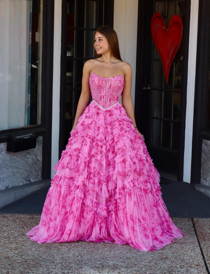 Pink Ball Gown Strapless Beaded Print Floral Corset Tulle Long Prom Dress Evening Dress SH6585