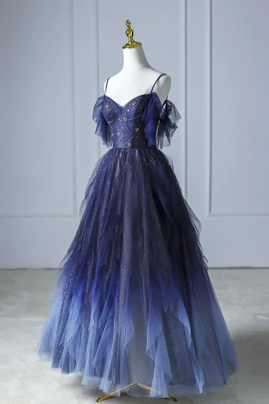 Beautiful Blue Gradient Tulle Long Prom Dress, Spaghetti Strap Evening Dress  SH778