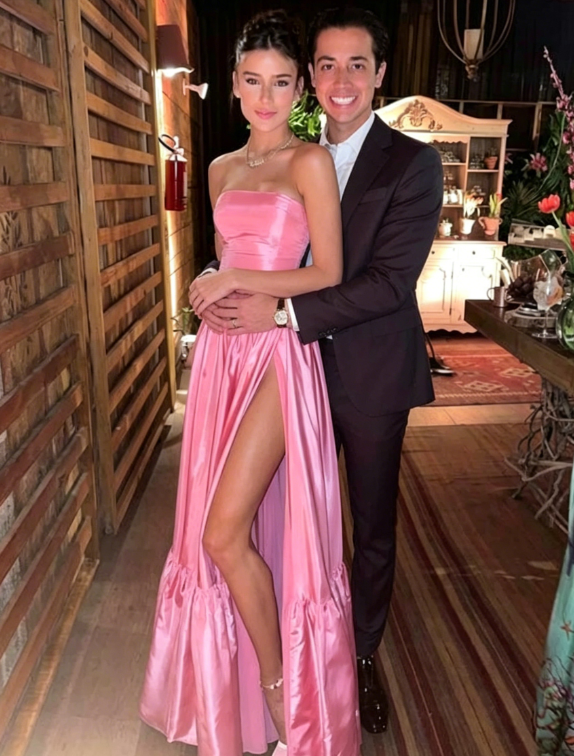Classic Pink A-line Strapless Side Slit Long Party Prom Dresses SH650