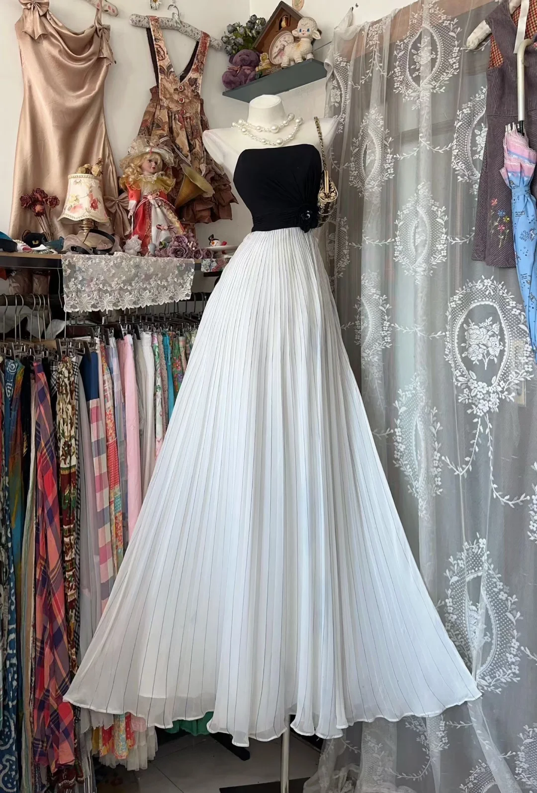 Vintage Simple A Line Strapless Black-white Chiffon Prom Dress Evening Dress Date Dress SH5852