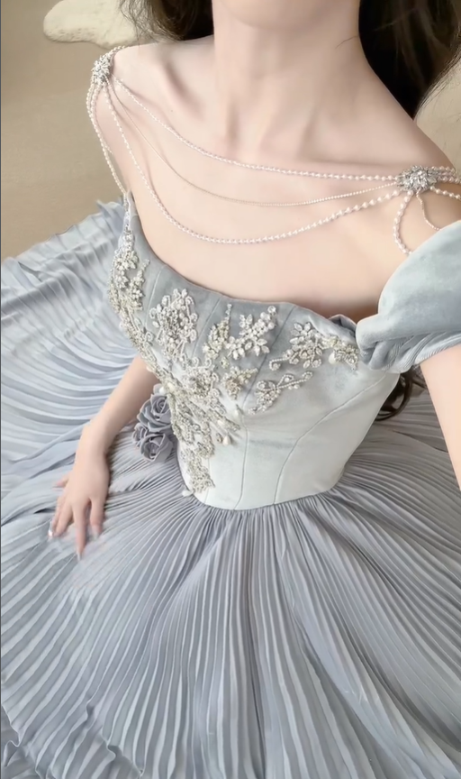 Grey A Line Off the Shoulder Exquisite Beaded Velvet Satin Long Prom Dress SH5034