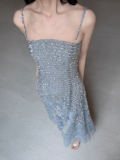 Shiny A Line Spaghetti Strap Exquisite Beaded Blue Tulle Prom Dress Evening Dress SH7716