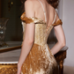 Stunning Pearl Golden Sheath Off the Shoulder Satin Velvet Prom Dress Party Dress SH3752