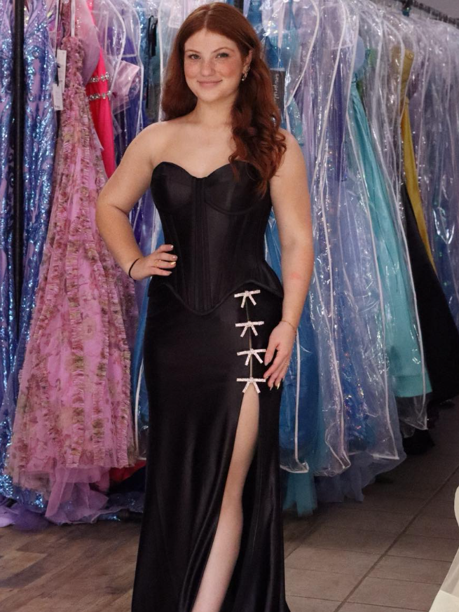 Sexy Black Sheath Sweetheart Neck Corset Satin Slit Long Prom Dress Evening Dress SH7245