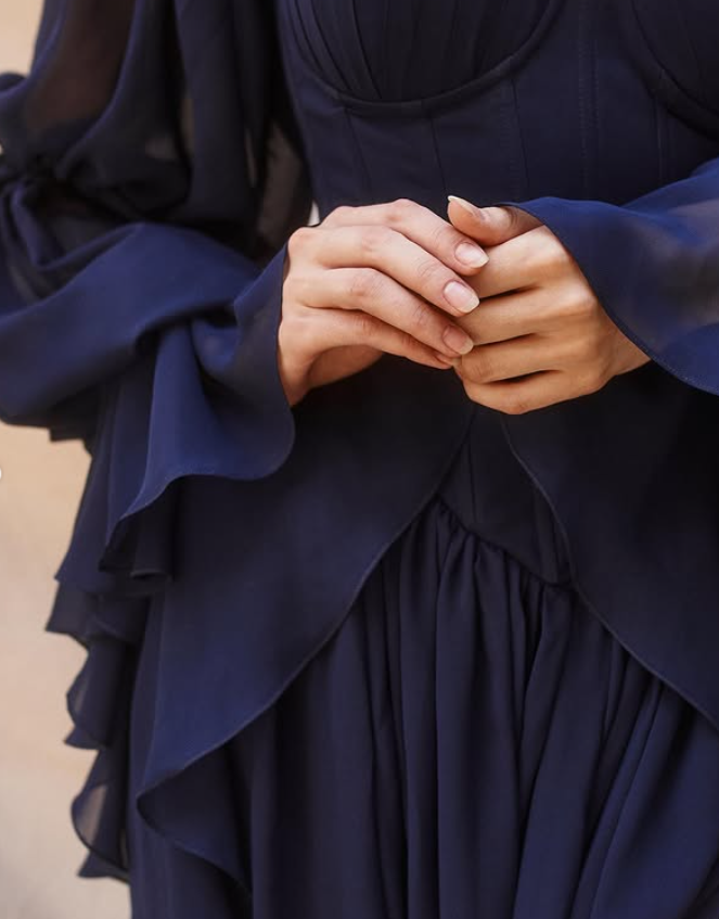 Navy Blue A Line Long Sleeve Chiffon Slit Prom Dress Evening Dress SH6687