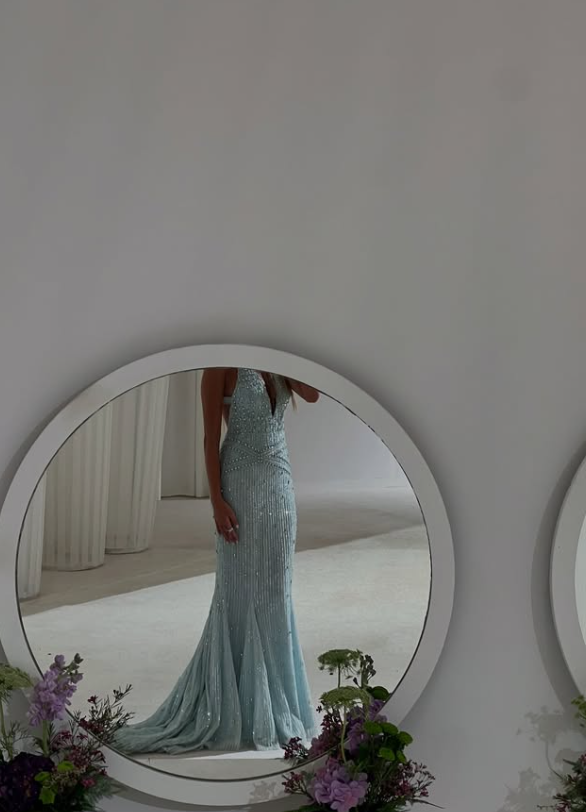Light Baby Blue Mermaid Exquisite Beaded  V Neck Tulle Backless Long Prom Dress SH5358