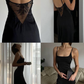 Sexy Black Sheath Spaghetti Straps Satin Open Back Prom Dress with Slit SH4790