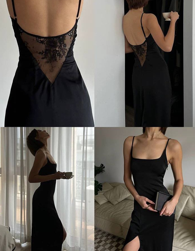 Sexy Black Sheath Spaghetti Straps Satin Open Back Prom Dress with Slit SH4790