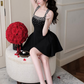 Classic Black Shiny Rhinestone A Line Straps Satin Short Homecoming Dress Cocktail Dress SH3725
