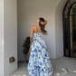 Blue A Line Strapless Print Floral Satin Long Prom Dress Evening Dress with Slit SH1879