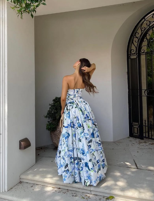 Blue A Line Strapless Print Floral Satin Long Prom Dress Evening Dress with Slit SH1879