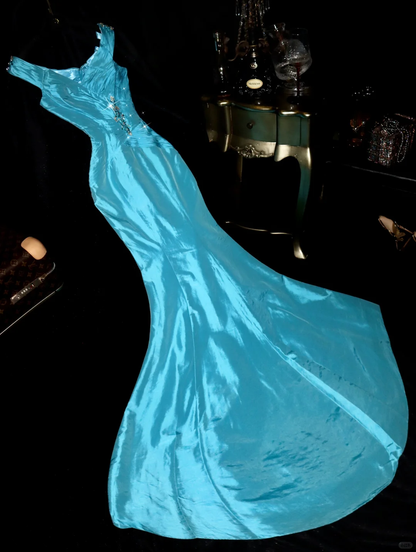 Blue Mermaid Straps Beaded Satin Long Party Dress Evening Dress SH3138