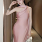 Elegant Sheath One Shoulder Pink Satin Long Prom Dress Party Dress SH4667