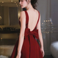 Burgundy A Line V Neck Rhinestone Satin Prom Dress Evening Dress with Bow SH1861