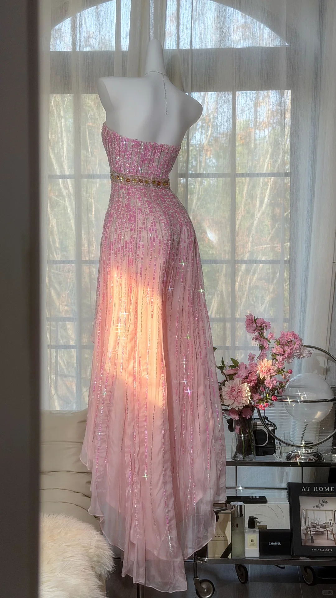Pink Fairy A Line Strapless Shiny Sequin Chiffon Prom Dress Graduation Prom Dress SH5341