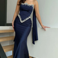Navy Blue Sheath Strapless Exquisite Beaded Satin Prom Dress Evening Dress SH5397