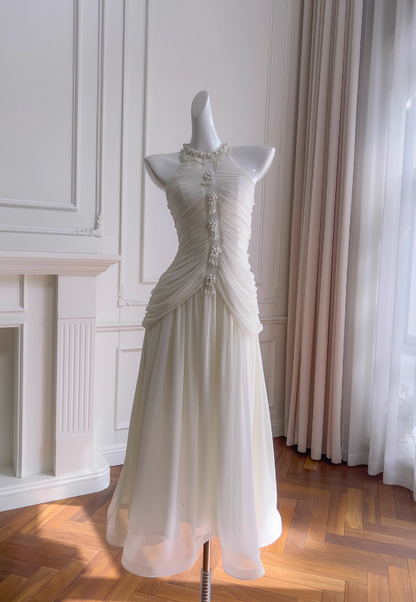 Elegant White A Line Halter Pearl Pleated Chiffon Prom Dress Vacation Dress SH4503