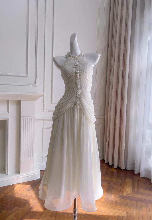 Elegant White A Line Halter Pearl Pleated Chiffon Prom Dress Vacation Dress SH4503