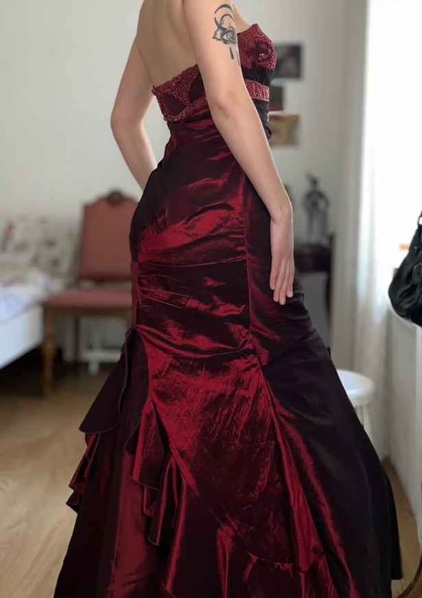 Vintage Burgundy Mermaid Strapless Beaded Satin Prom Dress Evening Dress Date Dress SH5639