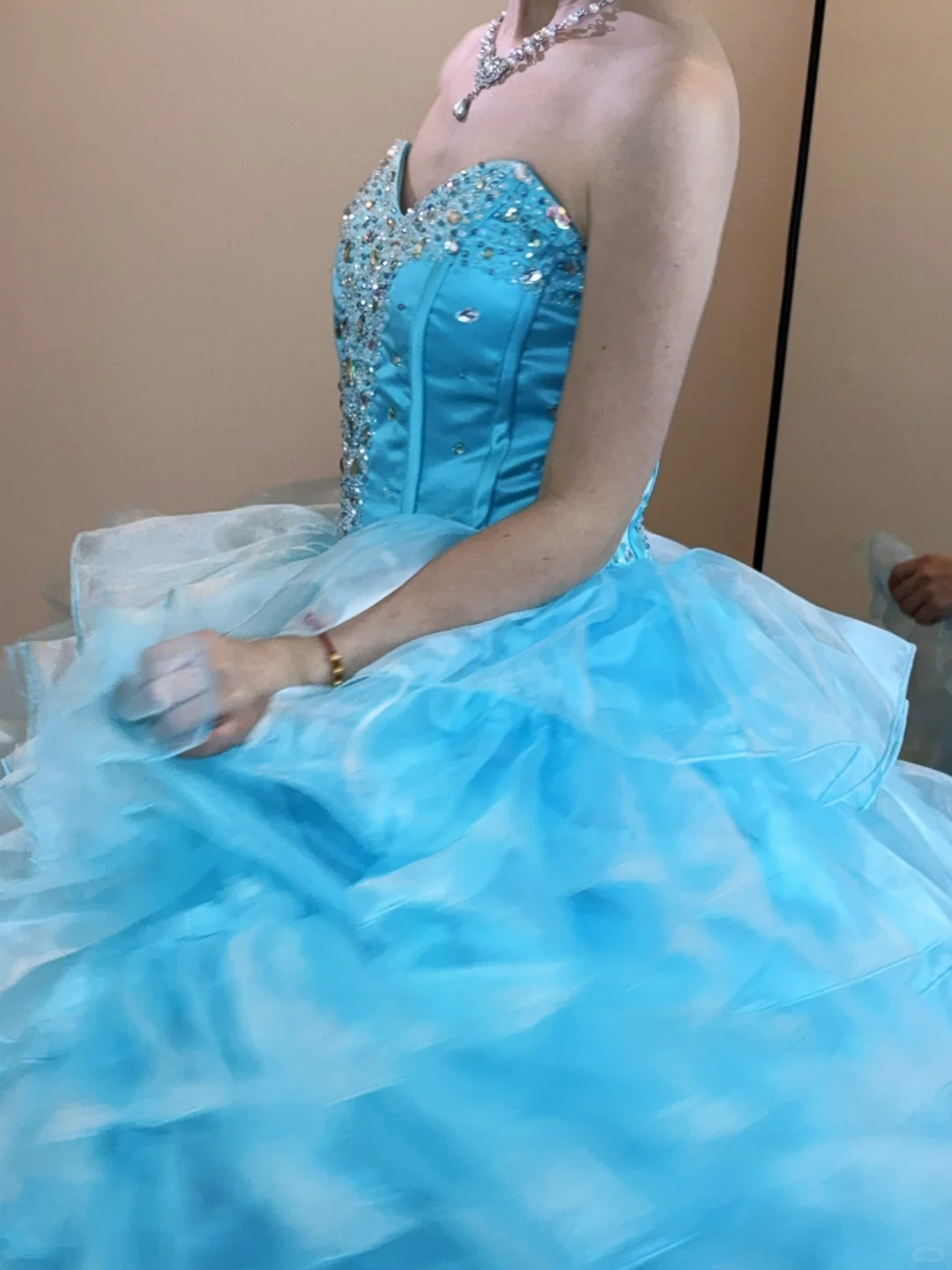 Blue Vintage Ball Gown Strapless Beaded Layered Organza Satin Long Prom Dress 16th Birthday Dress SH5213