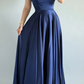 Simple Navy Blue A Line Spaghetti Straps Satin Prom Dress Date Dress SH5548