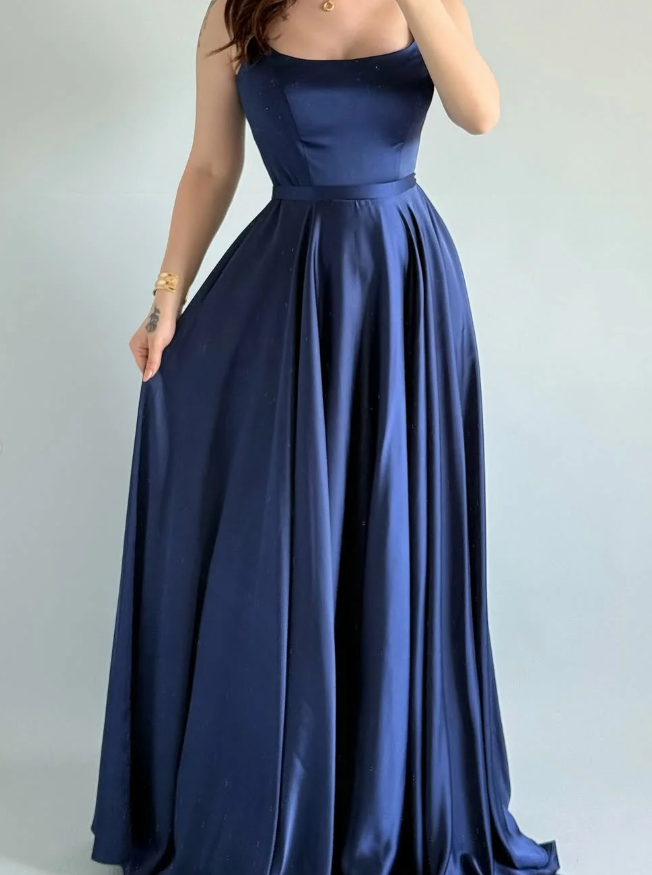 Simple Navy Blue A Line Spaghetti Straps Satin Prom Dress Date Dress SH5548