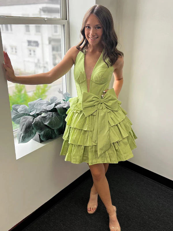 A Line Halter Tiered Ruffle Homecoming Dress with Bow SH5924