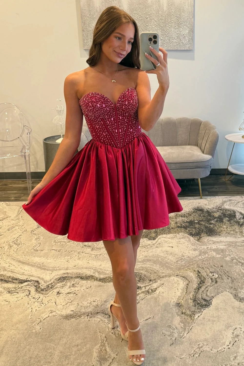 Satin Homecoming Dress with Beaded Corset Bodice and Sweetheart Neckline SH7924