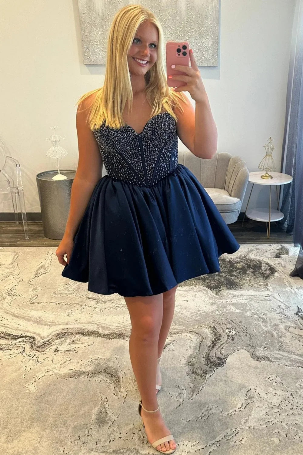 Navy Blue Satin Homecoming Dress with Beaded Corset Bodice and Sweetheart Neckline SH7925