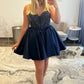 Navy Blue Satin Homecoming Dress with Beaded Corset Bodice and Sweetheart Neckline SH7925