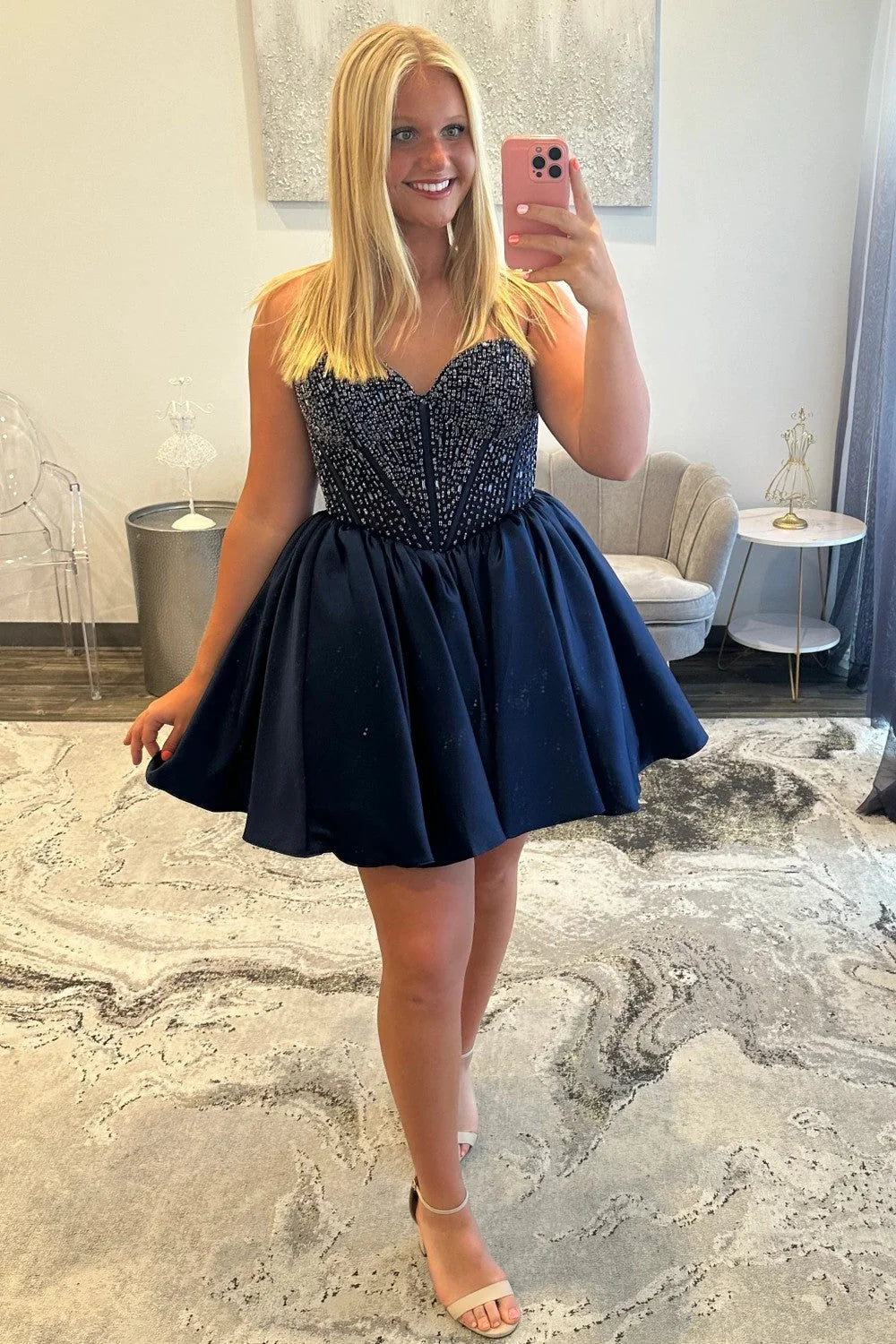 Navy Blue Satin Homecoming Dress with Beaded Corset Bodice and Sweetheart Neckline SH7925