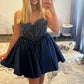 Navy Blue Satin Homecoming Dress with Beaded Corset Bodice and Sweetheart Neckline SH7925