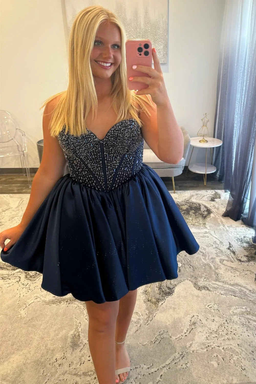 Navy Blue Satin Homecoming Dress with Beaded Corset Bodice and Sweetheart Neckline SH7925