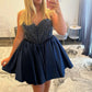 Navy Blue Satin Homecoming Dress with Beaded Corset Bodice and Sweetheart Neckline SH7925