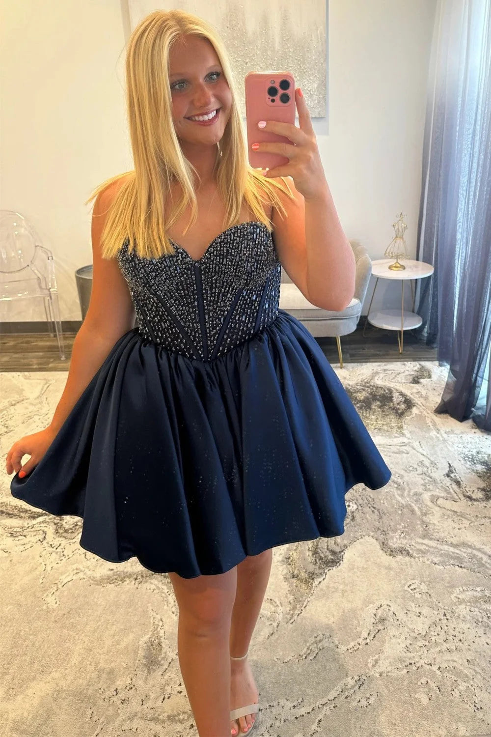 Navy Blue Satin Homecoming Dress with Beaded Corset Bodice and Sweetheart Neckline SH7925