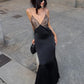Black Mermaid Spaghetti Straps Lace Satin Long Prom Dress Evening Dress SH1914