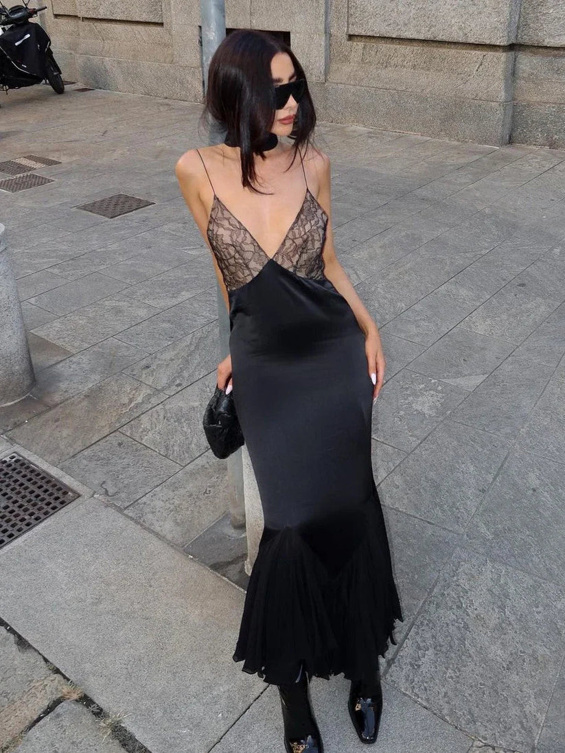 Black Mermaid Spaghetti Straps Lace Satin Long Prom Dress Evening Dress SH1914