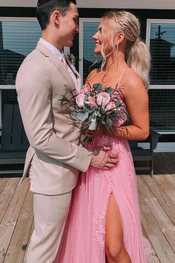 Princess Prom Dress Scoop Neck Spaghetti Straps Crisscross Pink Lace Tulle Slit SH8225